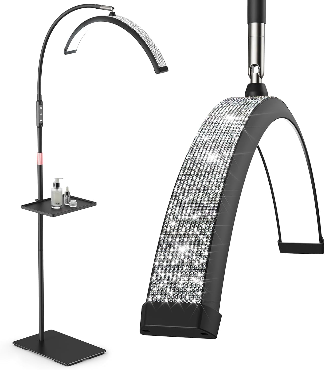 Lash Light, 23 Inch Bling Diamond Half Moon Light for Eyelash Extensions, Nail Art, Tattoo Art and Skincare, Adjustable Color Modes and Flexible, with Tool Tray (Black)