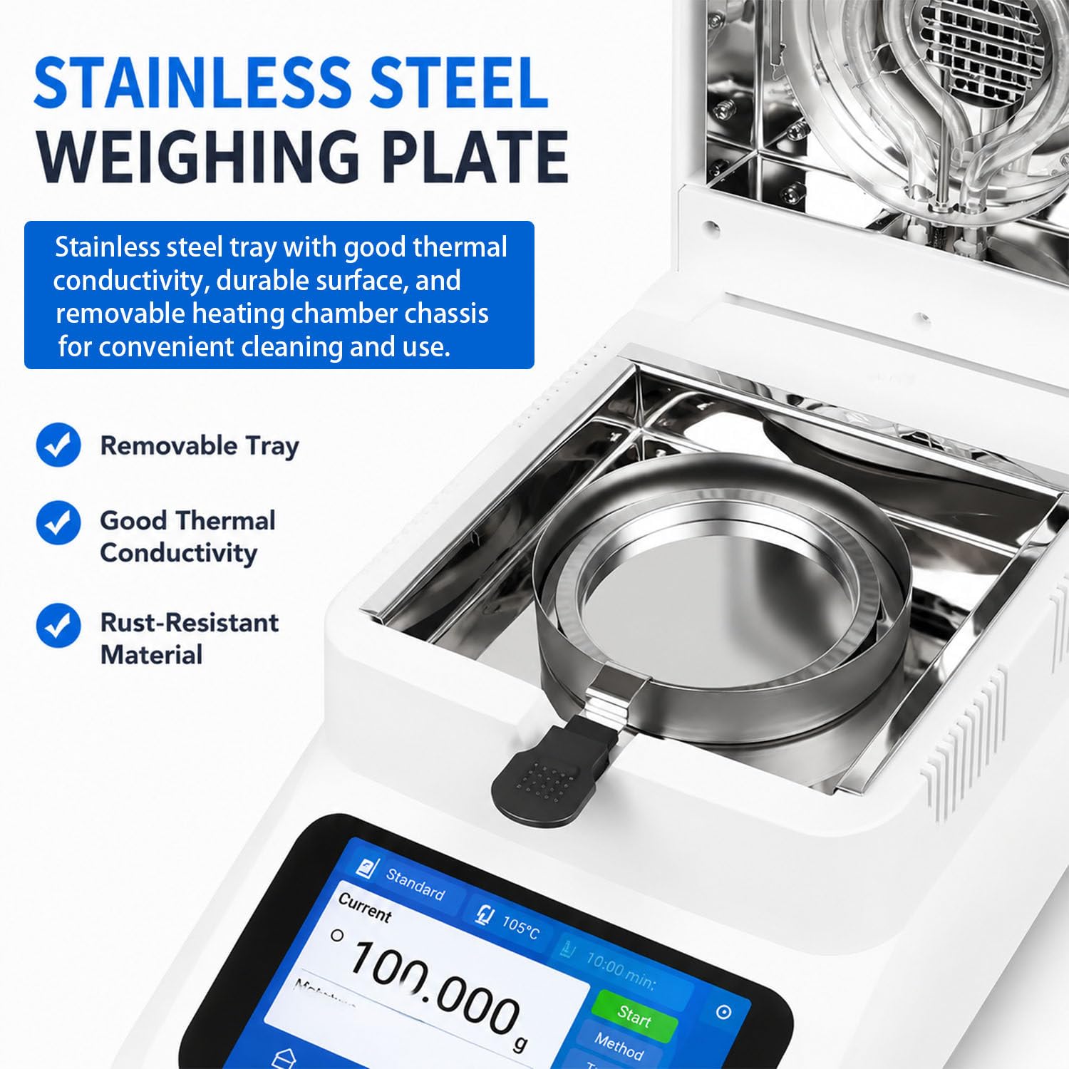 Analizador Digital, 120g, 0,01%, 40-230°C 0.005g | Calentamiento halógeno con apagado automático. Perfecto para cereales y piensos.