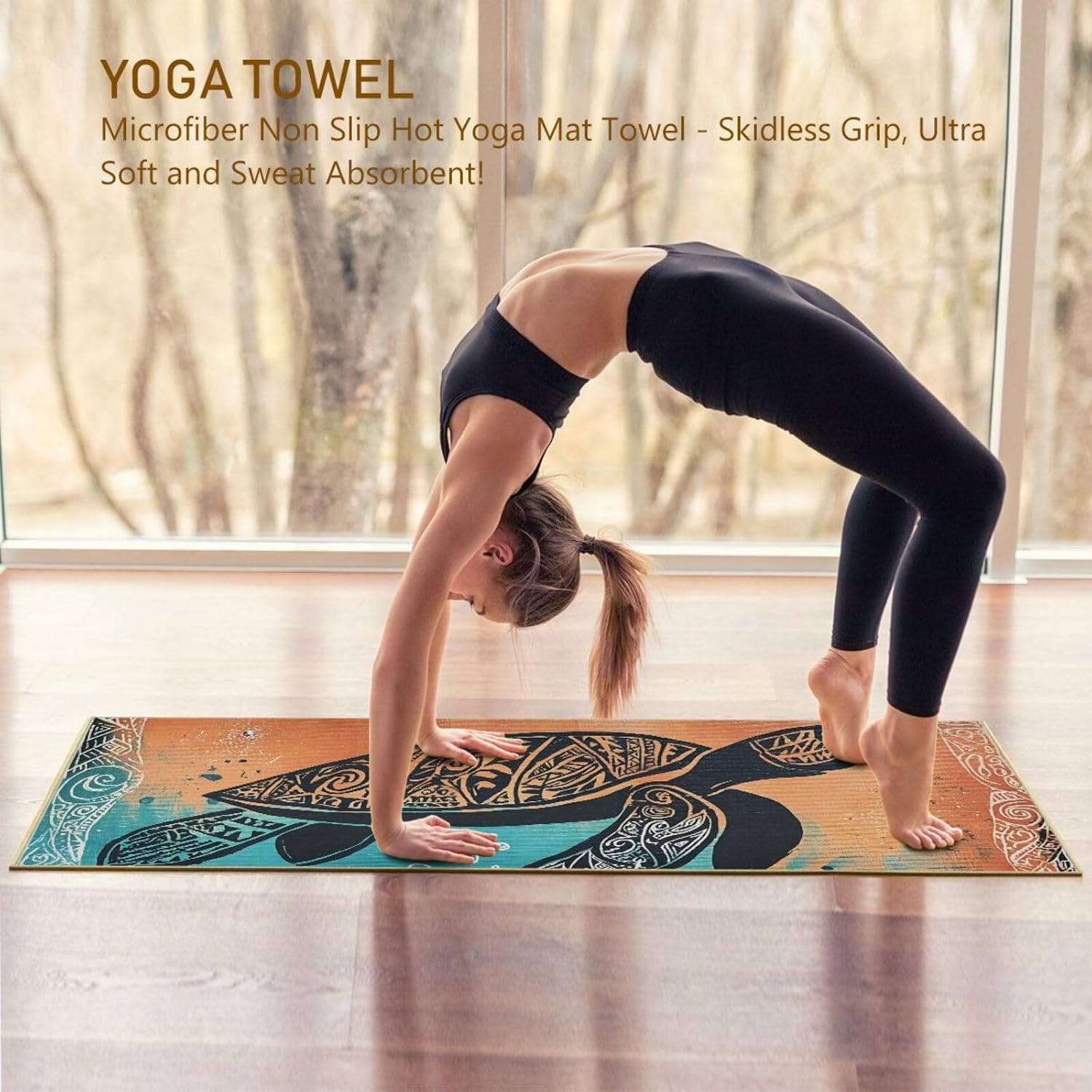 Turtle Vintage Tribal Yoga Mat Towel with Silicone Grip Dot – 73"x27" Non-Slip Sweat Absorbent Microfiber Yoga Towel for Home Gym Studio