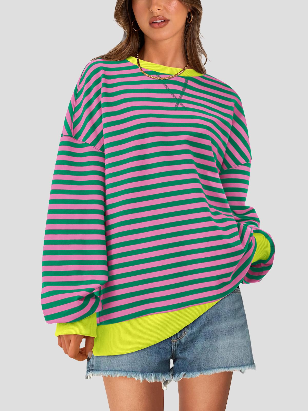 PRETTYGARDEN Damen Striped Oversized Sweatshirt for Women Sweatshirt (1er Pack)