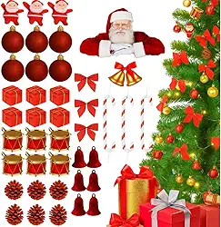 Kit 42 Enfeites de Natal para Árvore Vermelho ou Dourado | Bolas, Papai Noel, Laços, Presentes e Mais | Decoração Completa para Árvore, Guirlanda e Ambientes Festivos (VERMELHO)