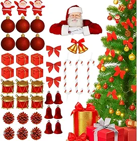 Kit 42 Enfeites de Natal para Árvore Vermelho ou Dourado | Bolas, Papai Noel, Laços, Presentes e Mais | Decoração Completa para Árvore, Guirlanda e Ambientes Festivos (VERMELHO)