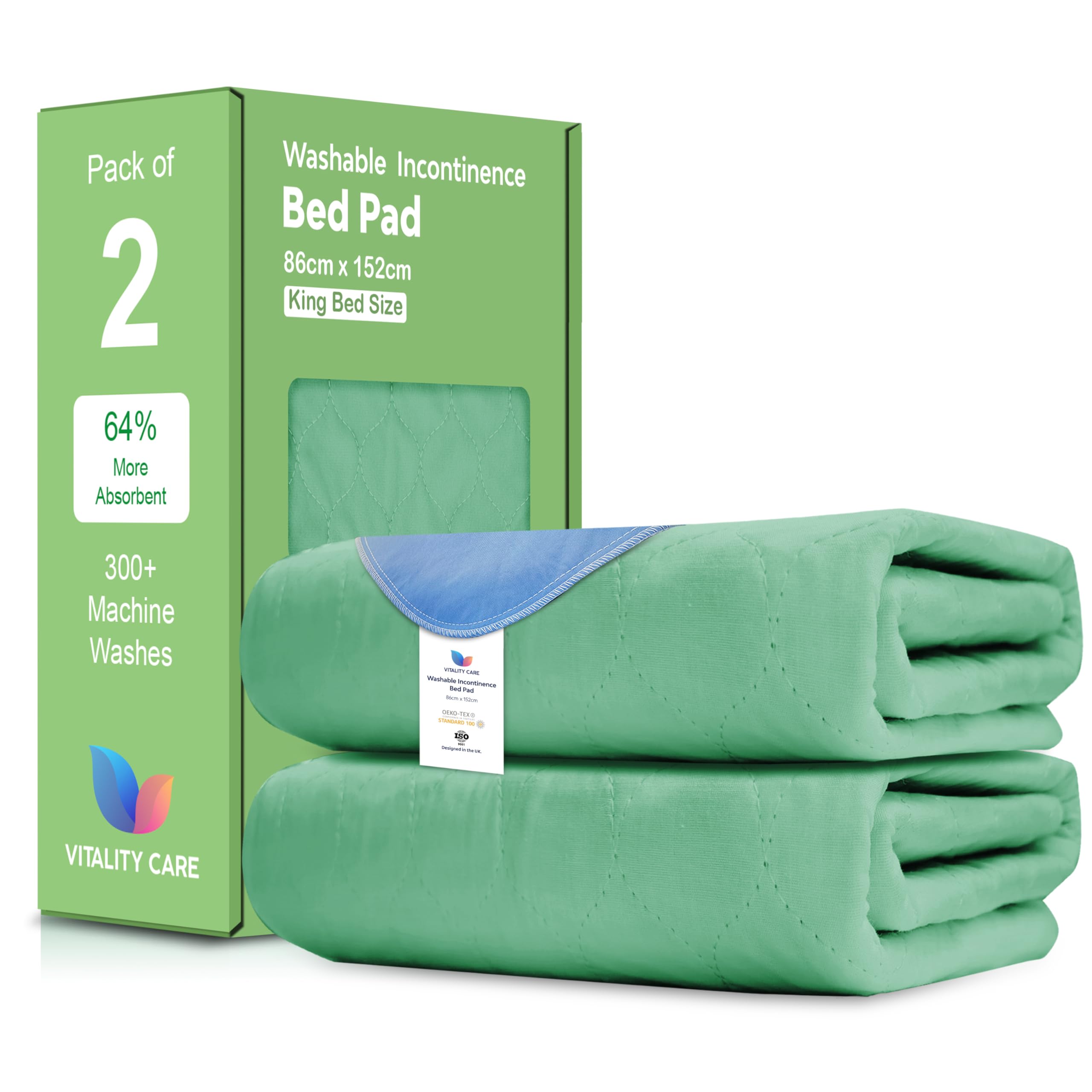 Vitality Care Green King Size Waterproof Mattress Protector With Tuck-In Flaps, Washable Incontinence Bed Pad, Ultra-Absorbent Polyester Cotton Rayon, 86X152cm