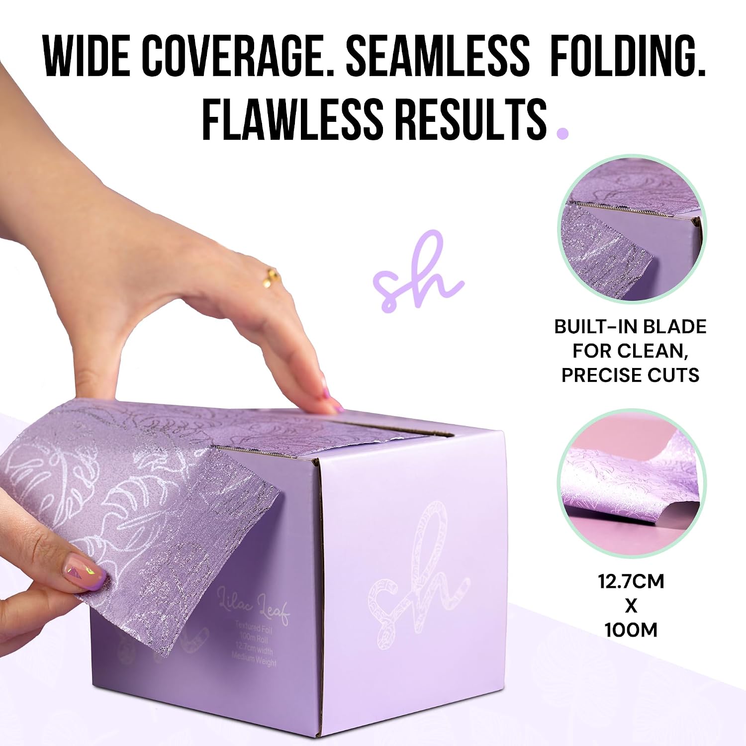 Simply Hair Hair Foil Roll – 100m Embossed Medium Weight Roll with Built-In Cutter – Custom Length Foil for Hair Dye, Highlights & Balayage - No-Slip Grip - 12.7cm - Lilac Leaf