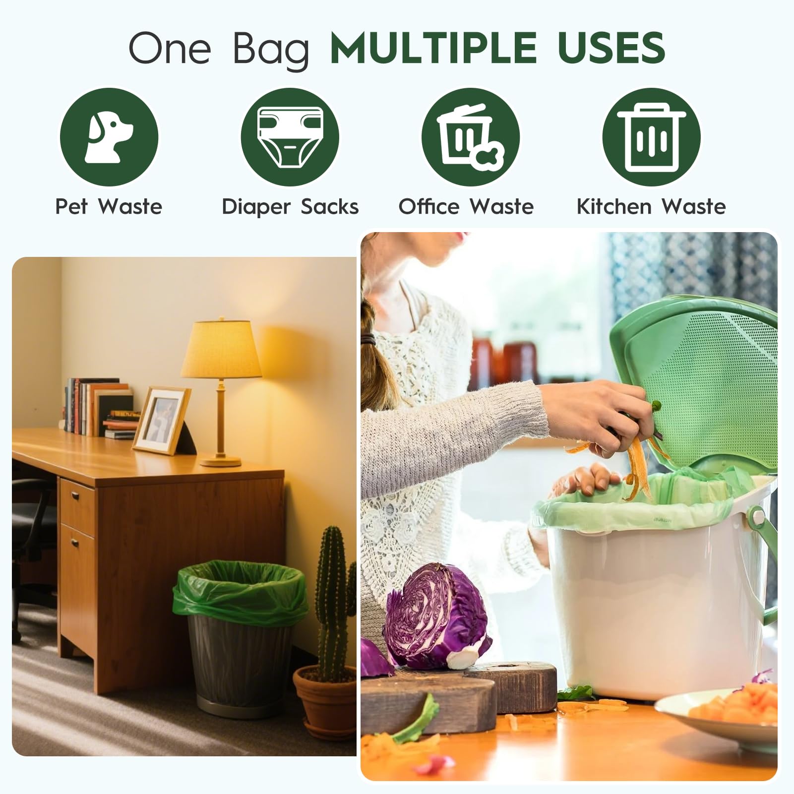 Bolsas de basura compostables de 1.6 galones con asas, 0.6 mil, 6.06 litros, 50 unidades, pequeñas bolsas de residuos de alimentos de cocina, ASTM D6400, US BPI y OK Compost Home Certified