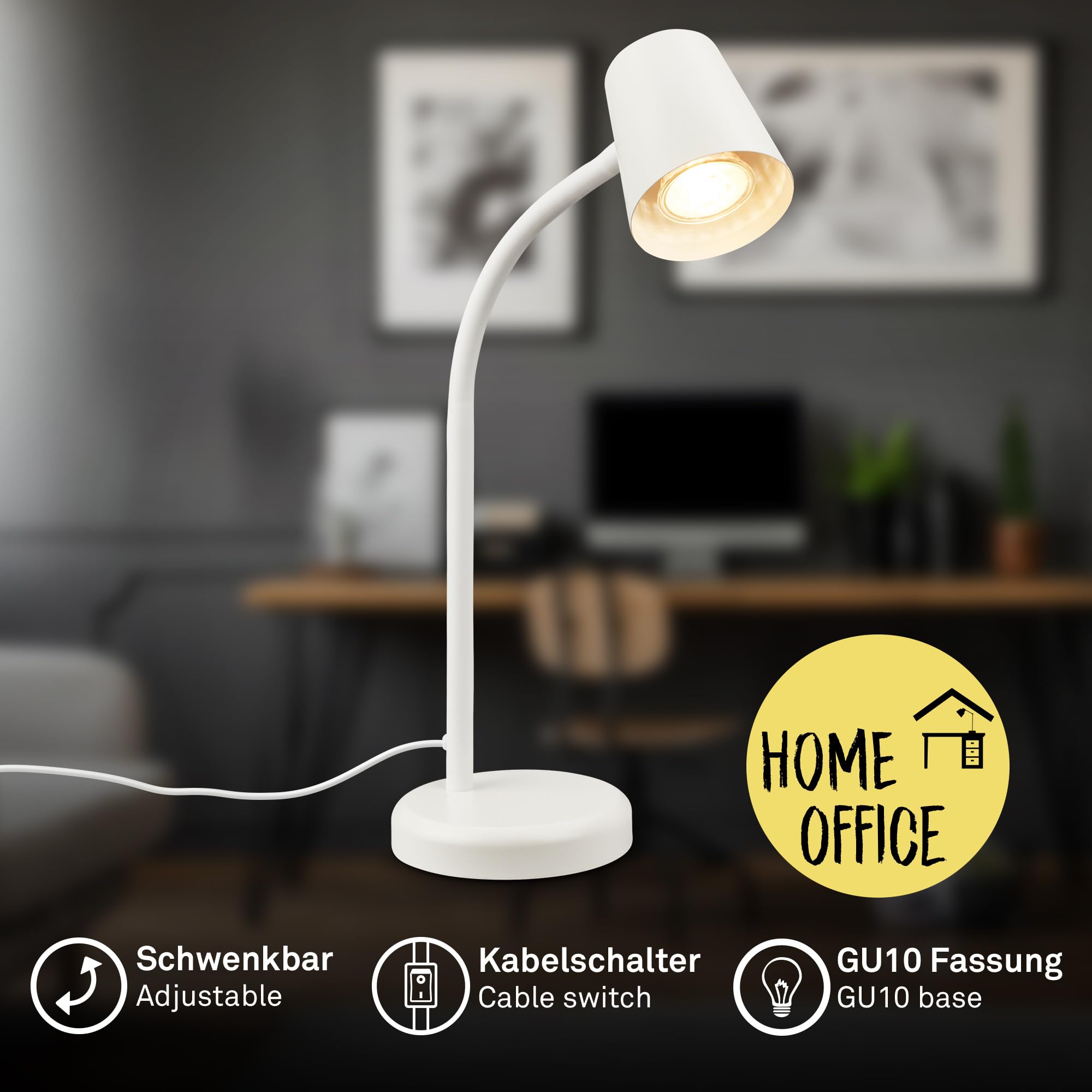BRILONER - Lámpara Escritorio Orientable, Lamparas de Mesita de Noche, Lámpara de Mesa GU10 para Oficina, con Interruptor de Cable, Lampara Lectura, Lampara de Escritorio, Luz Escritorio, Blanco