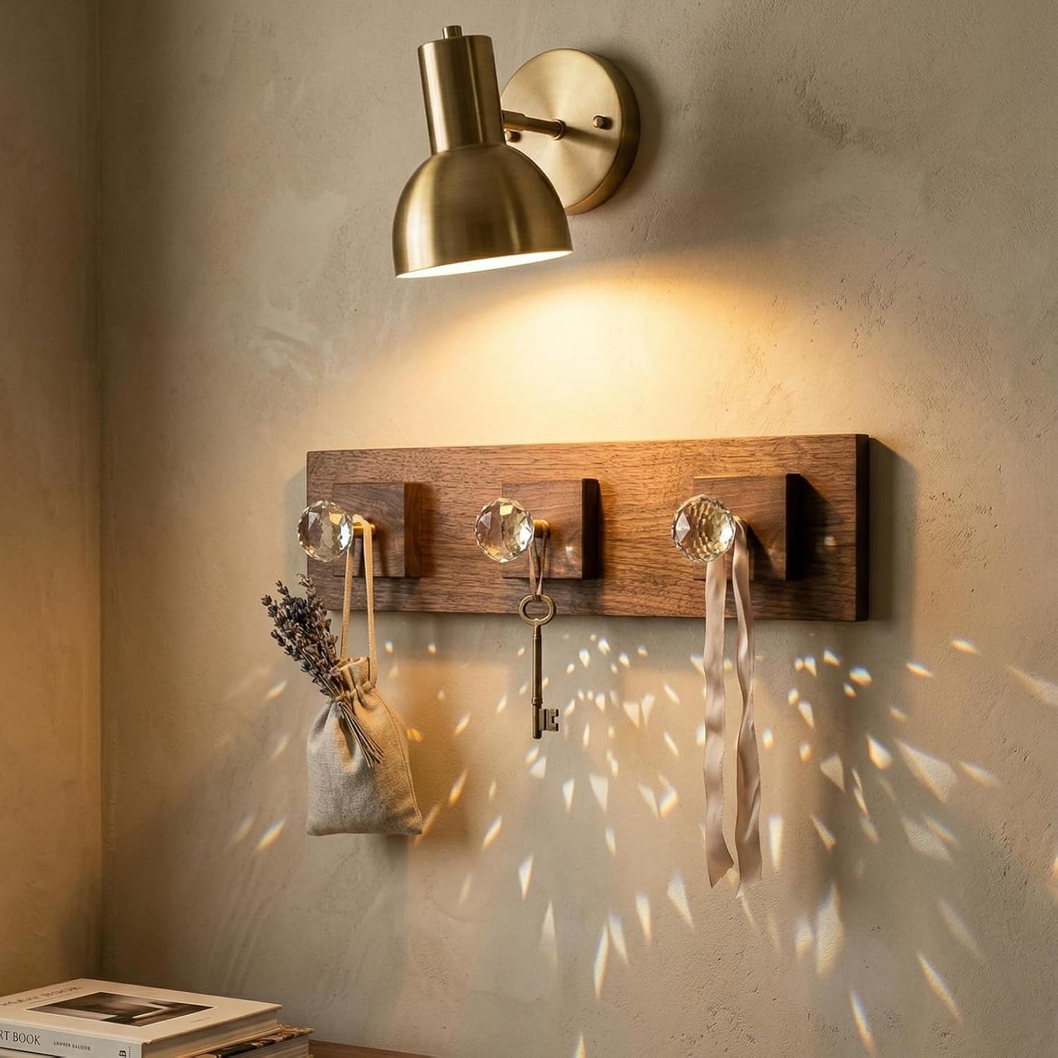 Optical Glass Walnut Coat Hook – Brass Light Catcher Wall Hanger