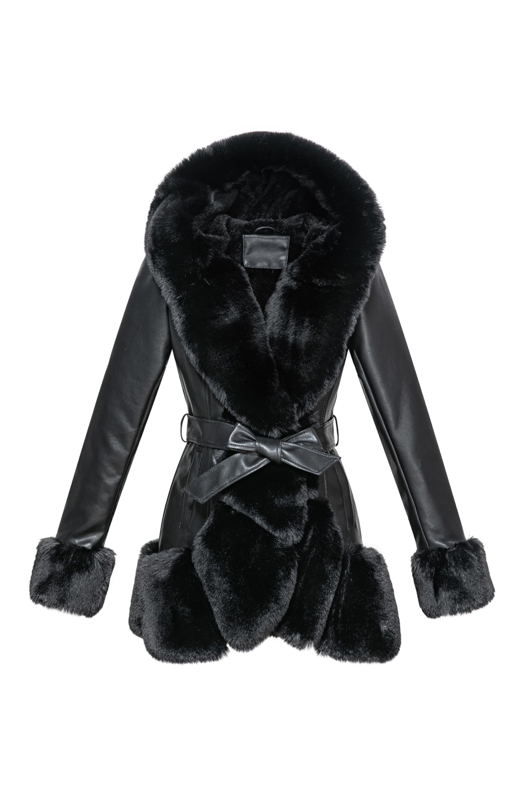 Women's Faux Leather Jacket with Faux Fur Lining and Collar Warm Winter Long Sleeve Button-Down Coat with Belt-image-40
