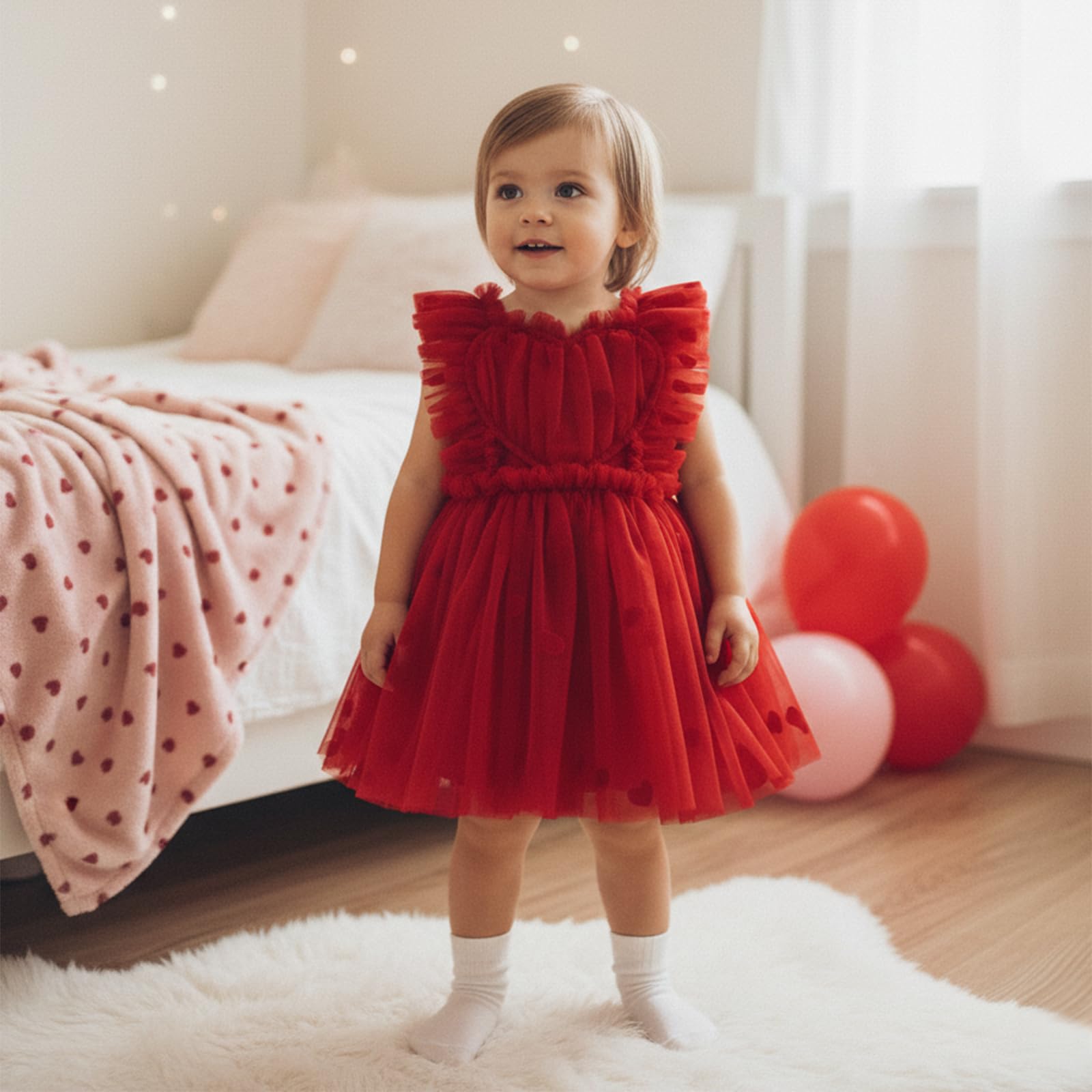 GXNRHG Baby Girl Valentines Tutu Sukienka Śliczny nadruk w kształcie serca Pończoch Suknie liniowe Letnia księżniczka Urodziny Party Wzburzona sukienka letnia