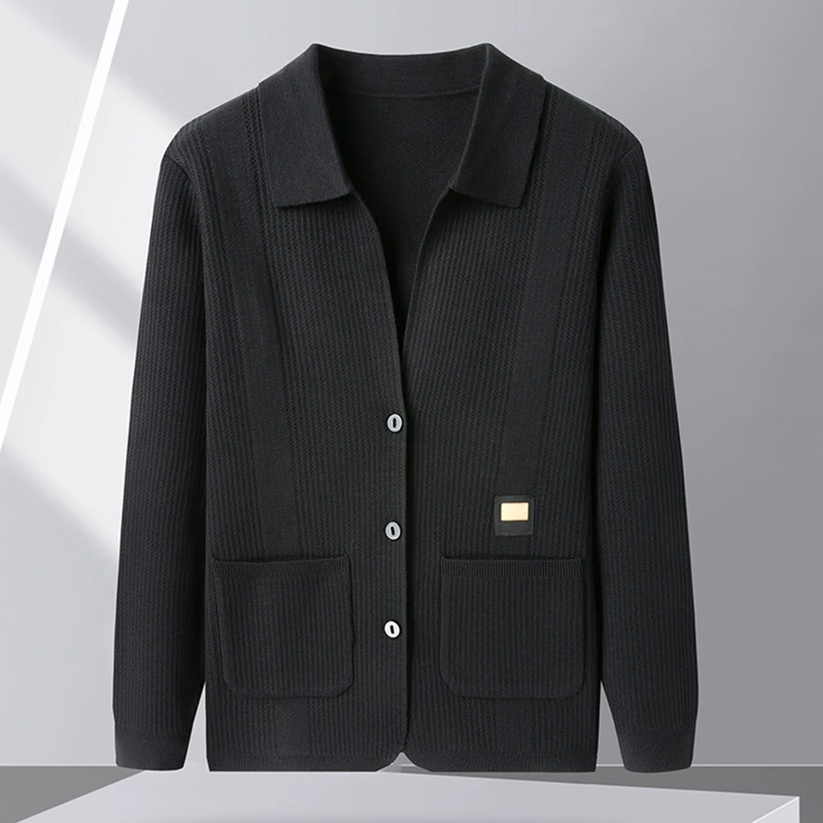 Generisch Cárdigan de punto para hombre con solapas y bolsillos, abrigo deportivo ajustado, suéter de punto vintage, chaqueta de entretiempo, chaqueta de entretiempo, tiempo libre, chaqueta de