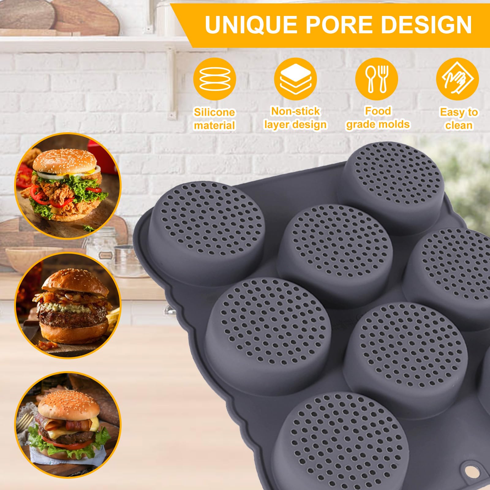 Lot de 8 moules à chignon en silicone pour hamburger - Pliable - Antiadhésif - Avec brosse à huile - Réutilisable