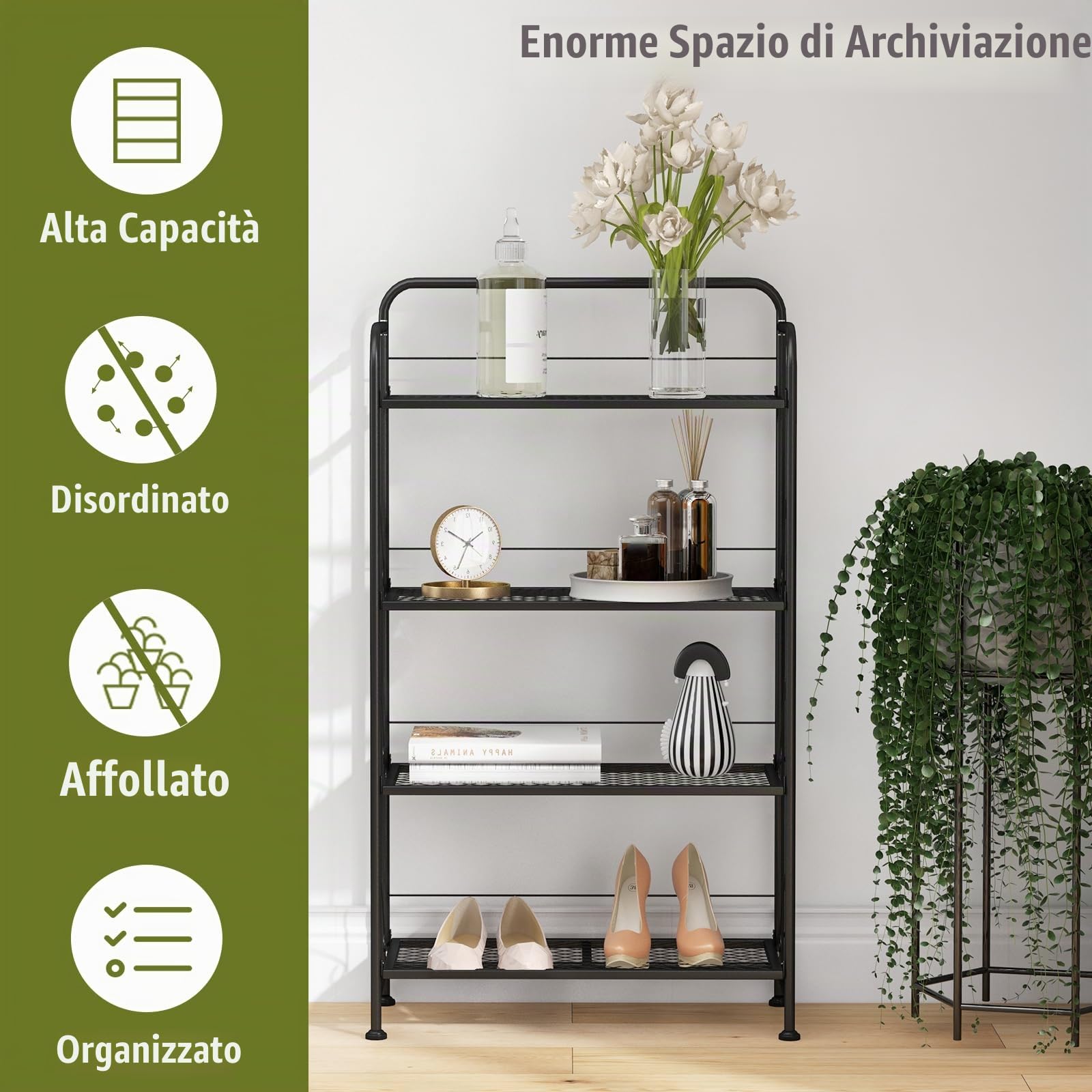 HOMASIS Scaffale per Piante a 4 Ripiani, Portavaso Pieghevole, Porta Piante Fioriere in Metallo, Scaffale Multiuso e Alzato per Balcone, Giardino, Senza Installazione, 60 x 25 x 100 cm, Nero