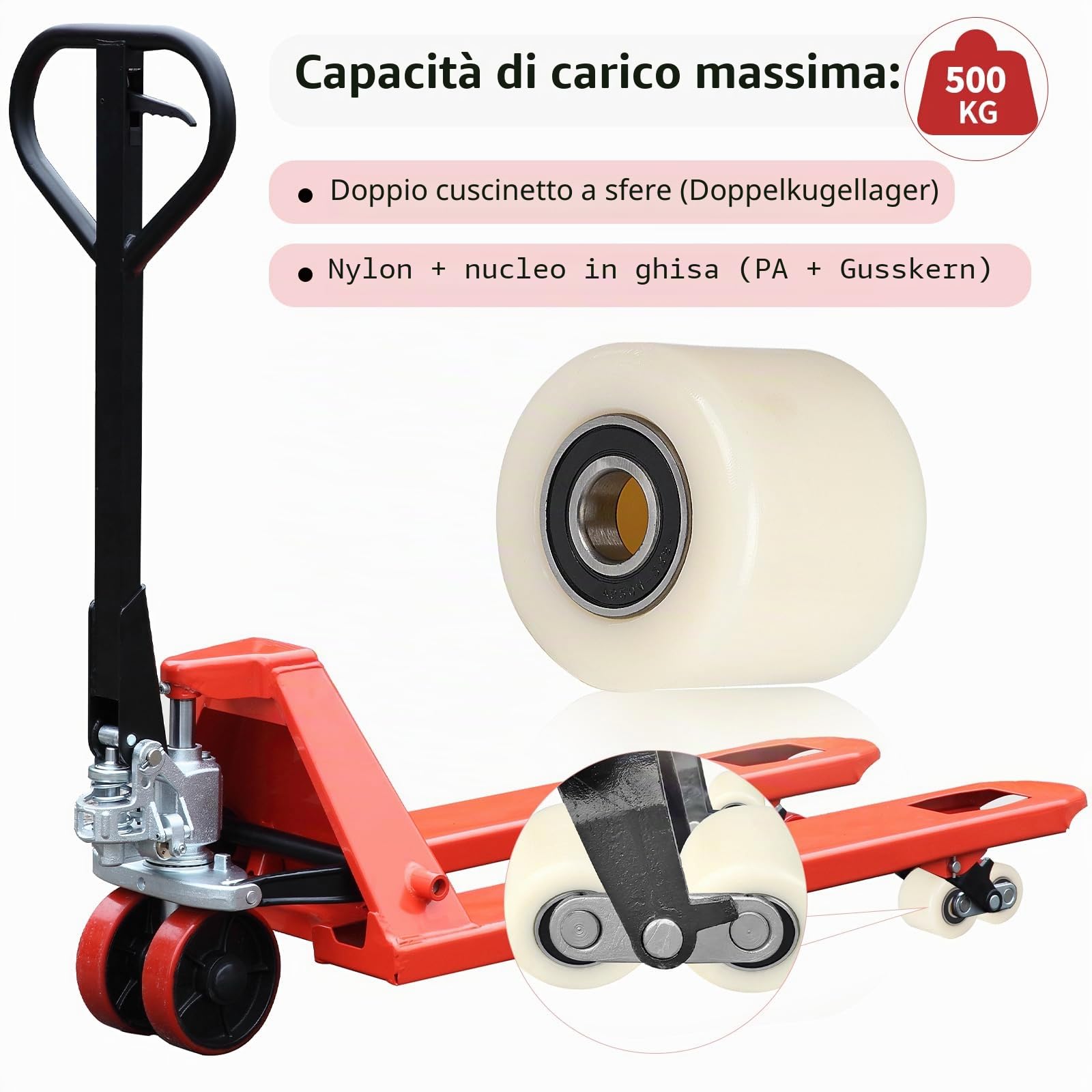SWAWIS 4 pezzi Ruote Transpallet in Nylon 80 x 70mm Asse 20 mm con Cuscinetti a Sfera Ruota Carico Massimo 500 KG Ruote di Ricambio per Transpallet Manuale