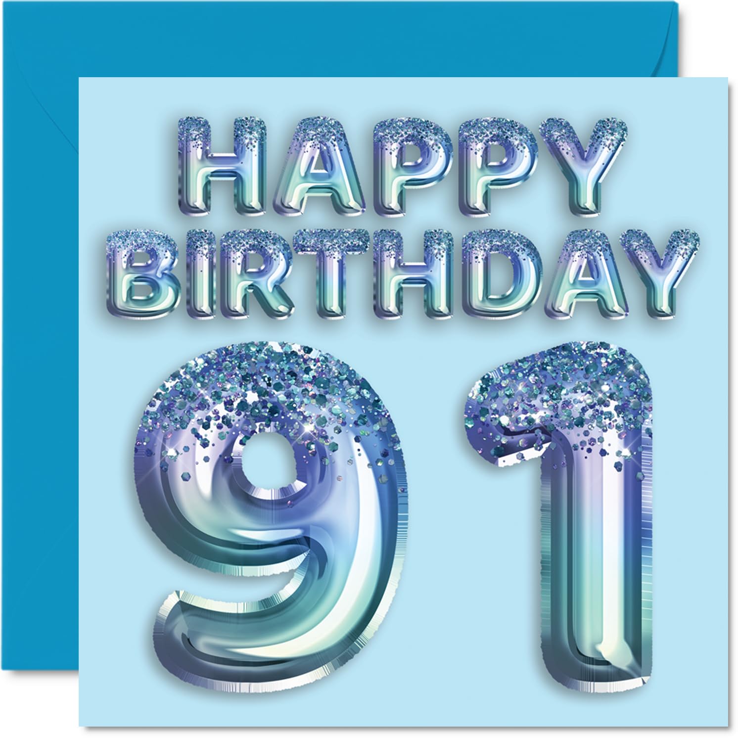 91st Birthday Card for Men - Blue Glitter Party Balloon - Happy Birthday Cards for 91 Year Old Man Great Grandpa Grandad Dad Gran, 145mm Bday Greeting Cards Gift