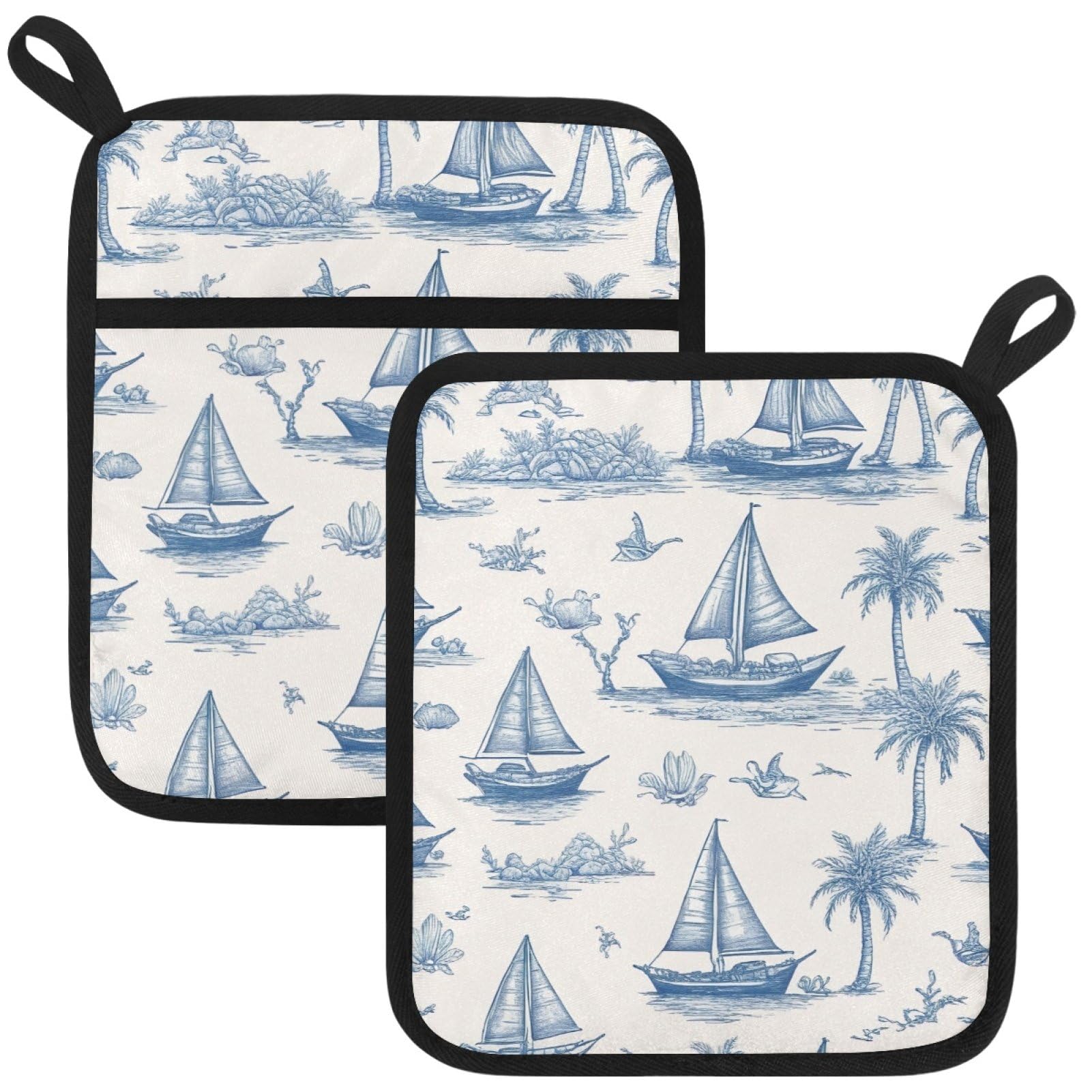 VAPOKF Sailboat Kitchen Hot Pot Holder, Pot Holders Heat Resistant Pot Holder with Pocket Heat Resistant Trivets for Hot Pans Cotton Pot Mitts for Kitchen Cooking Baking
