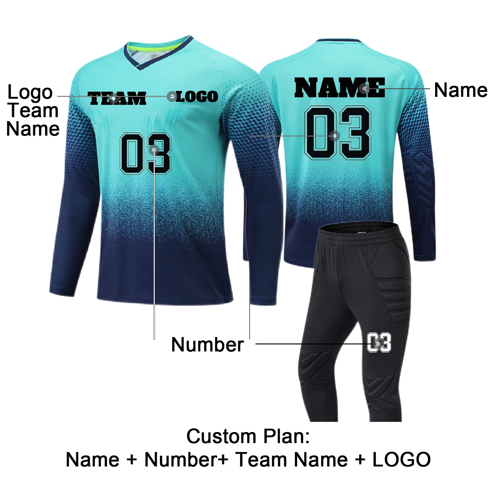 Maglia da Portiere da Calcio per Bambini da Uomo, Maglia da Portiere Set da Donna Manica Lunga E Pantaloni Maglia Personalizzata Personalizzata con Nome + Numero