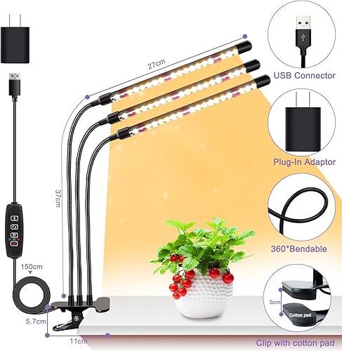 Miniatura 9 de SDOVUERC Luces de cultivo para plantas de interior, lámparas LED de espectro completo de 4 cabezales con clips y cables de 10 pies para cultivo de