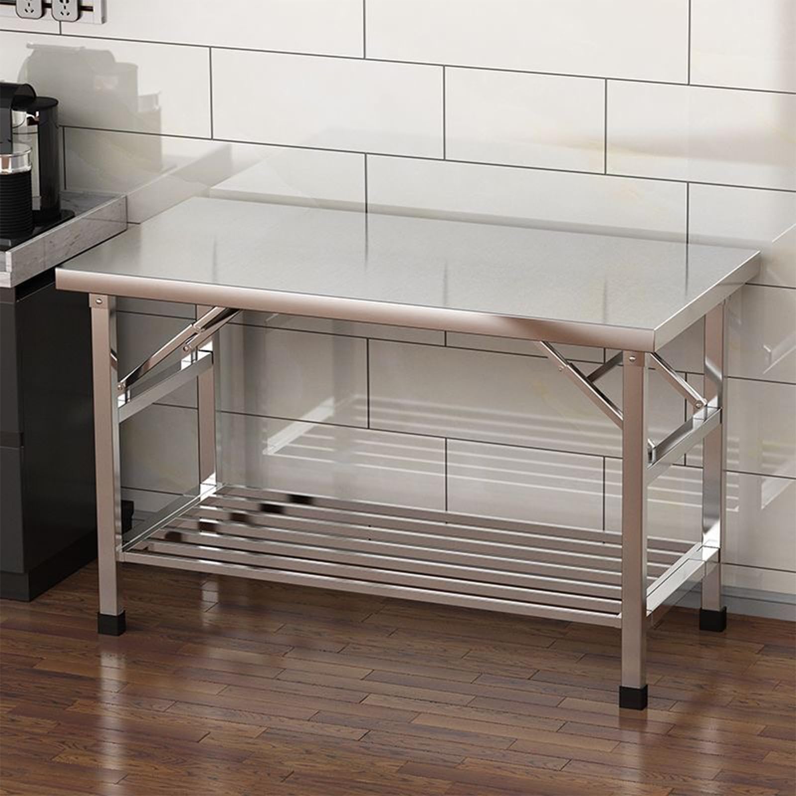 Mesa de trabajo de acero inoxidable con estante inferior, mesa de preparación comercial plegable para cocinas profesionales, restaurantes y uso doméstico