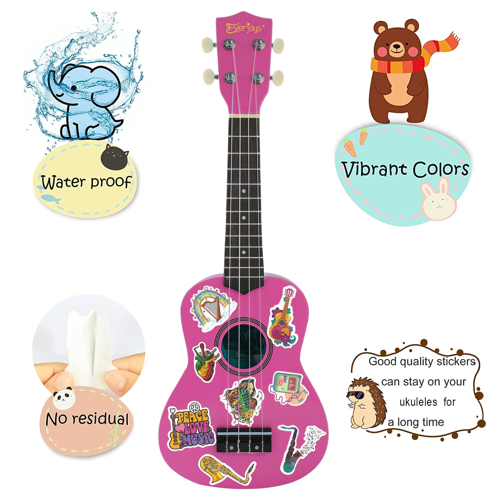 Ukulele soprano per principianti, kit per bambini, adulti, studenti, 53,3 cm, tracolla, corda di ricambio, panno lucidante, plettri per libro dei brani (viola lucido)