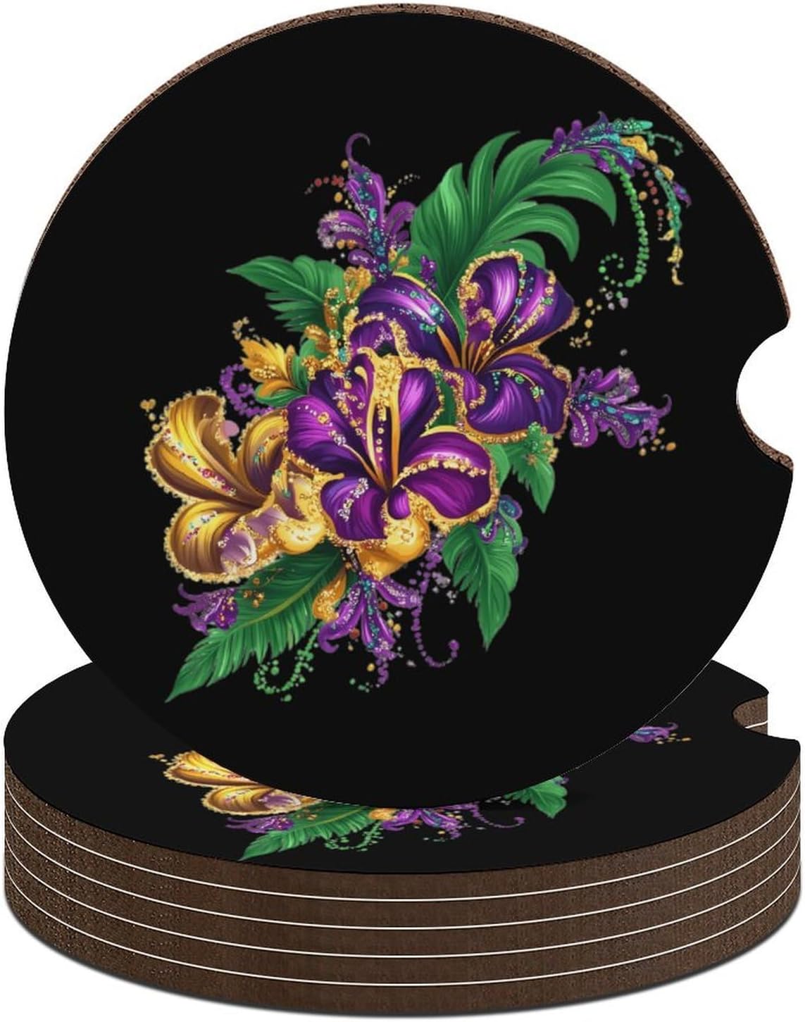 Mardi and Gras Fleur De Flowers Cute Car Coasters 2.56 Inch Absorbent Cup Holder for Drinks Auto Interior Accessories