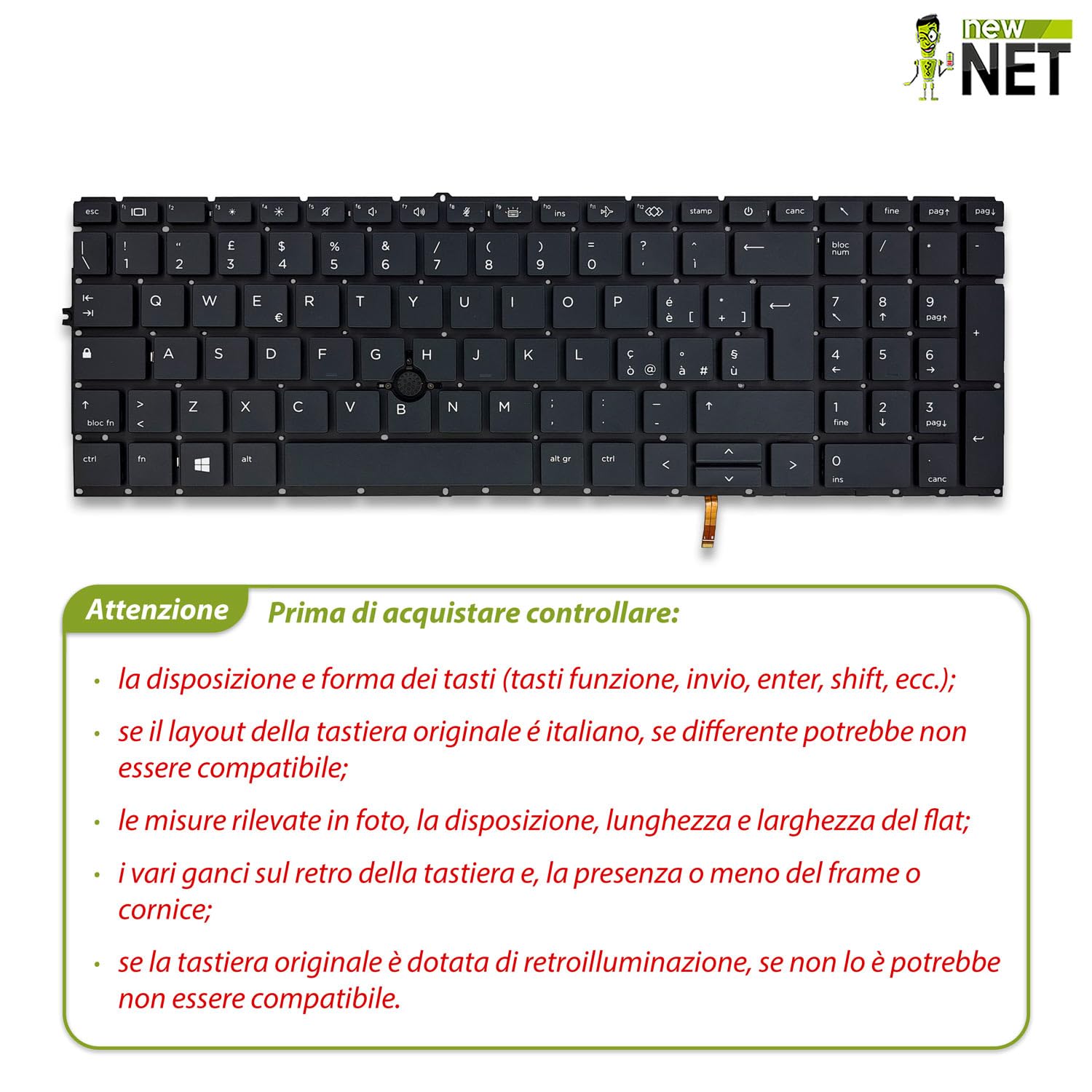 new net - Tastiera Compatibile con HP EliteBook 850 G7, 850 G8, 855 G7, 855 G8 [Senza Frame - Colore Tasti Grigio - Trackpoint - Retroilluminata - Layout ITA]
