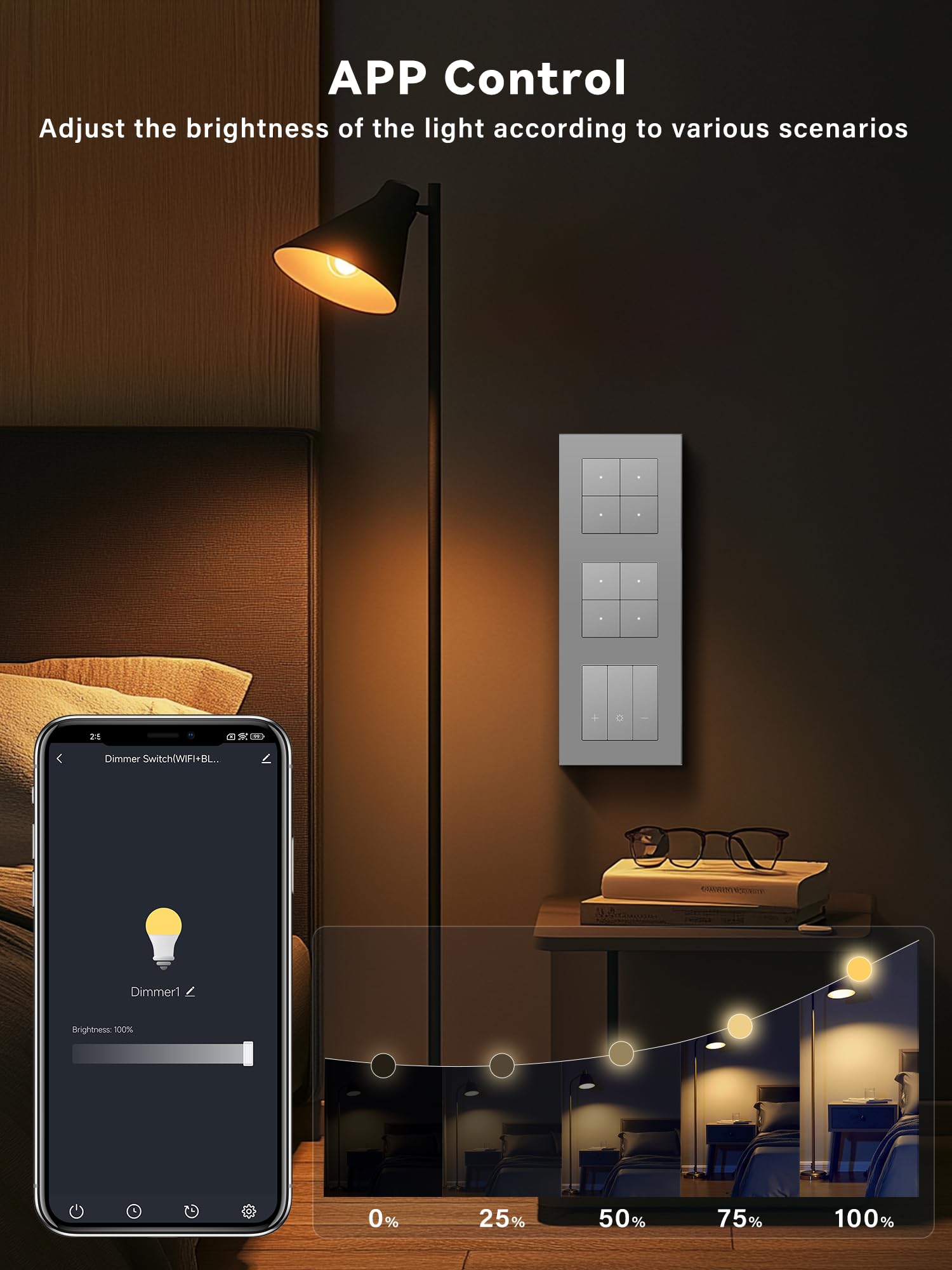 Smart - Interruptor de luz WiFi con regulador de intensidad WiFi, 4 interruptores de pared, 2 interruptores regulables, compatible con Alexa/Google Home, interruptor de luz empotrado