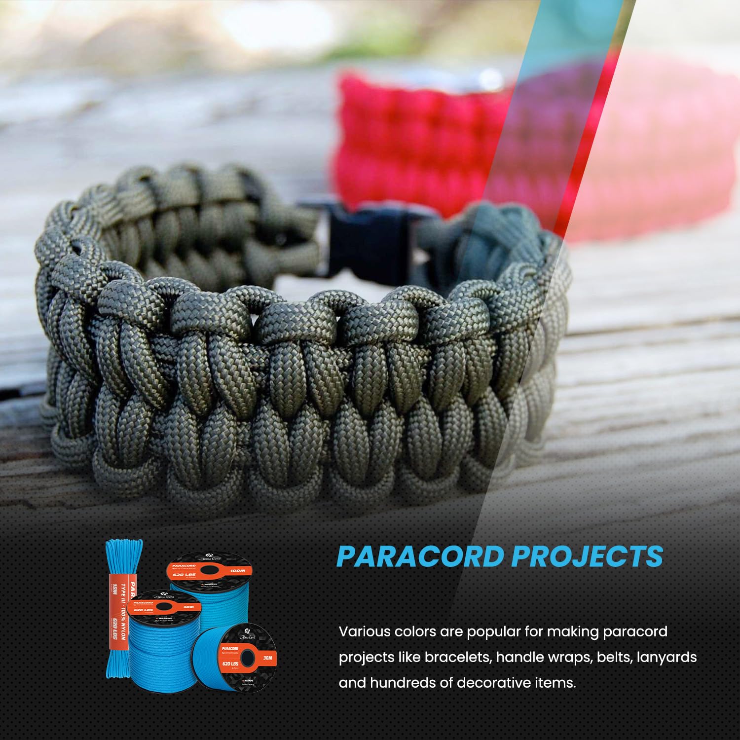 Paracord Nylonowa lina 4 mm, 15 m, 9 żyłek typu III, linka spadochronowa, do samodzielnego wykonania, kempingu, survivalu, maksymalne obciążenie 280 kg, neonowy róż