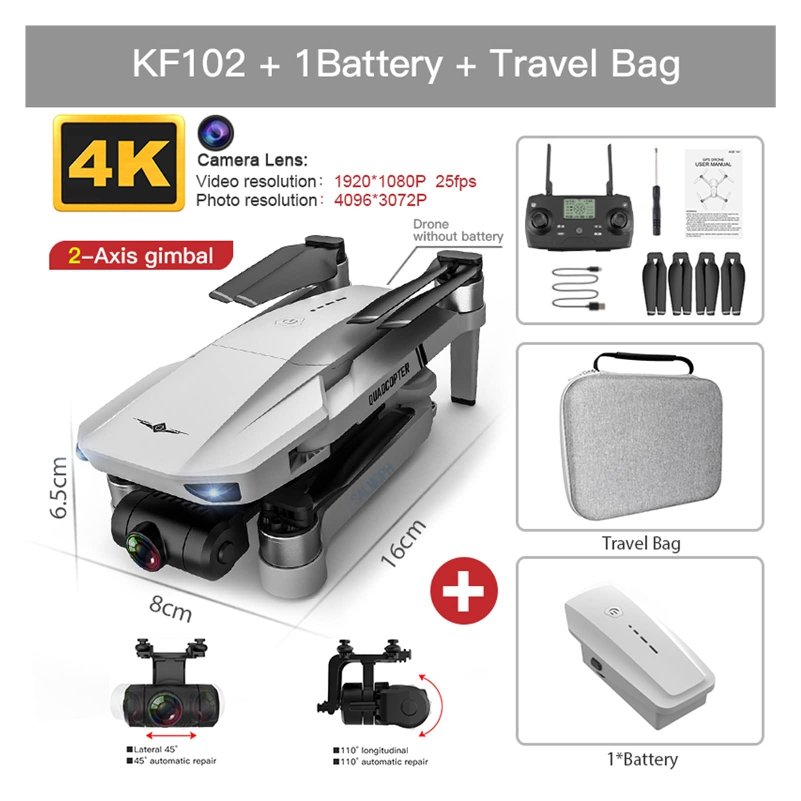 MAX Drone 4K Profesional z kamerą HD 5G WiFi GPS 2- Anti-Shake Gimbal Quadcopter Bezszczotkowy mini dron KF102 4k Dron (Kolor: KF102 1B z torbą)