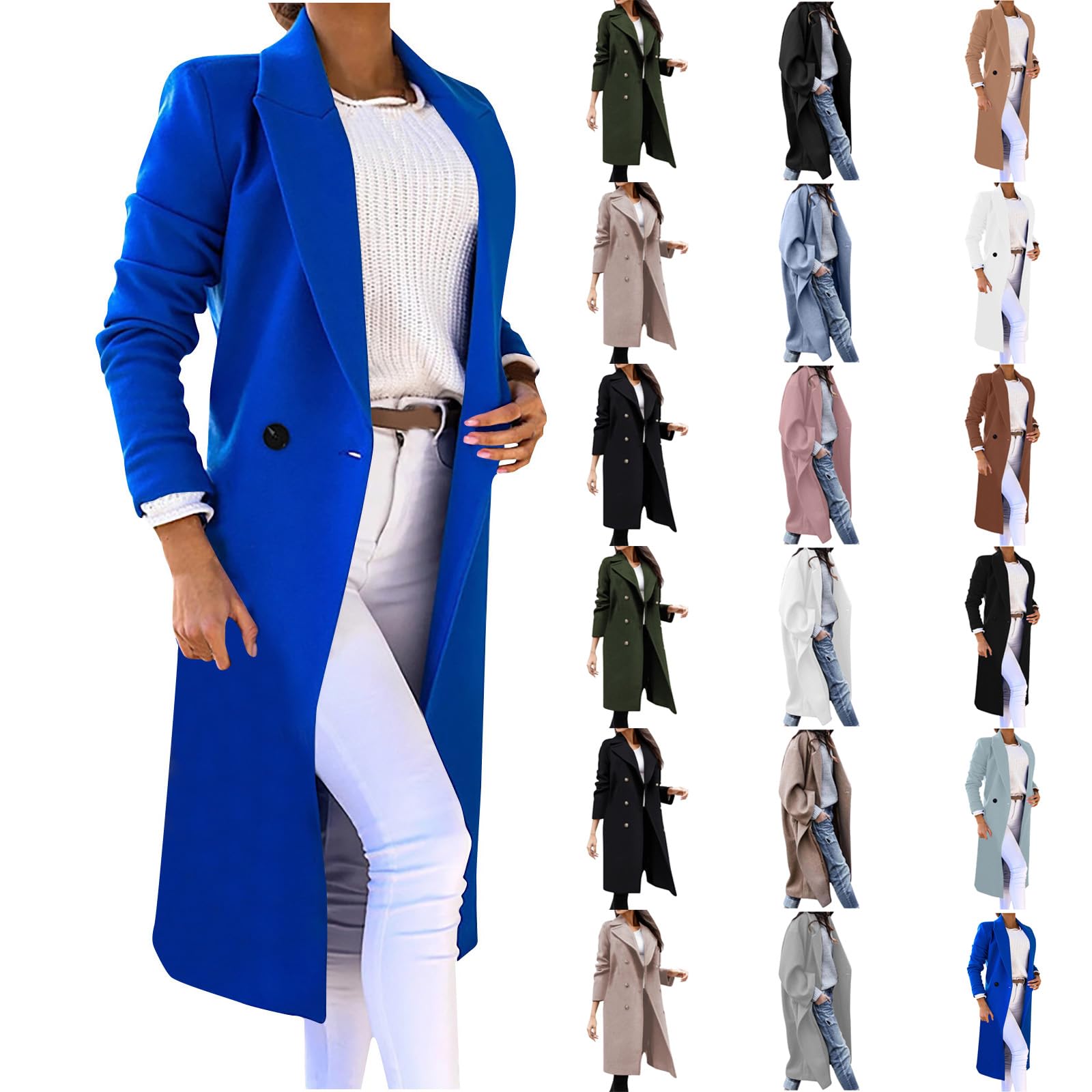 Masrin Trenchcoat Damen Lang Winterjacke Zweireihiger Windjacke Mantel Elegant Einfarbige Wolljacke Umlegekragen Langarm Wintermantel Wollmantel Übergangsjacke Business Arbeitsjacke Windbreaker S-3XL
