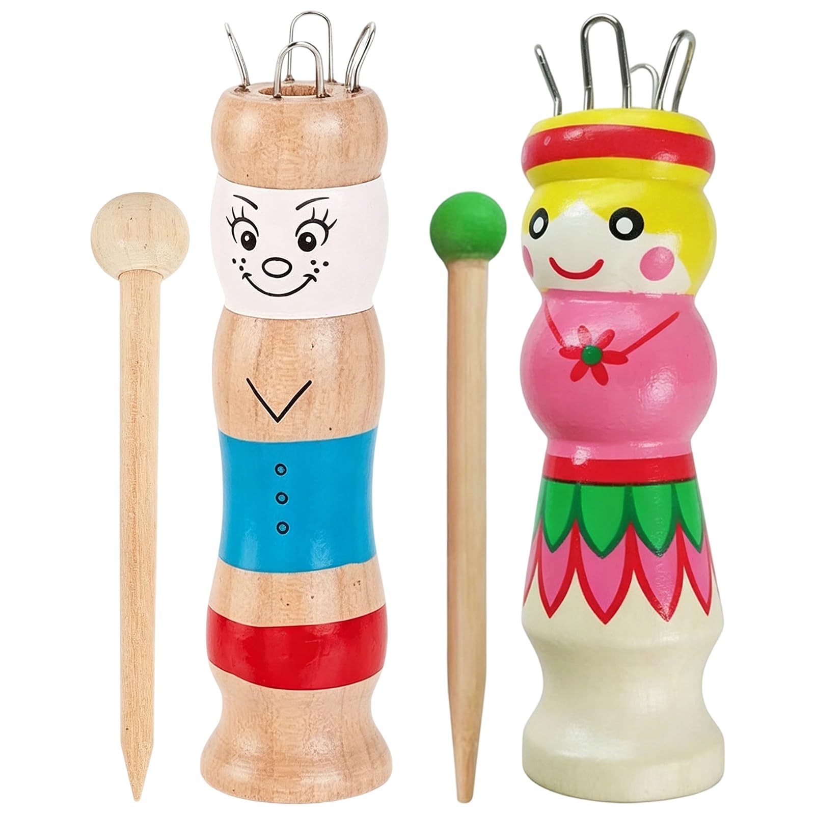 2Pcs French Knitting Doll, Educational Fine Motor Skill Development Tool, Creative Hand Weaving Activity for Beginners, Complete Craft Set with Colourful Yarn and Wooden Puppet, Portable DIY Project