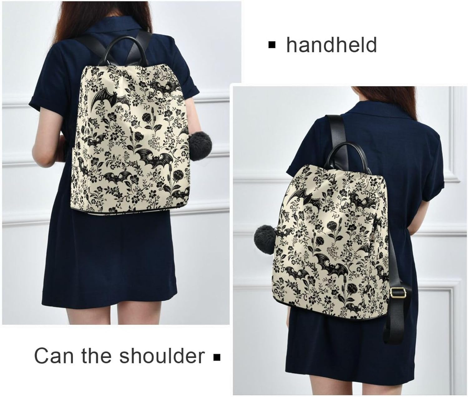 CBBYY Goth Bat Backpack Purse for Women Nylon Anti-theft Travel Backpack Lightweight Shoulder Bag with Plush Ball Keychain - Image 7