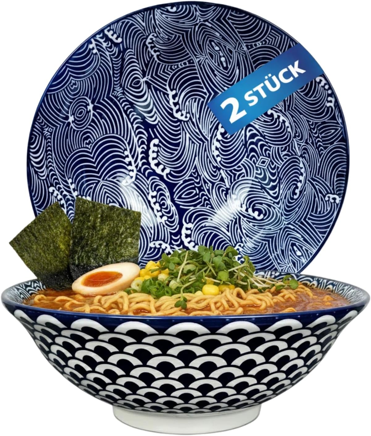 Urban Lifestyle Ramen Bowl Set of 2 Diameter 20.5 cm Large Ramen Bowl Porcelain Japanese Style Stackable 1000 ml Soup Bowl Noodle Bowl Set for Ramen Pho Salad Cereal Seigaiha