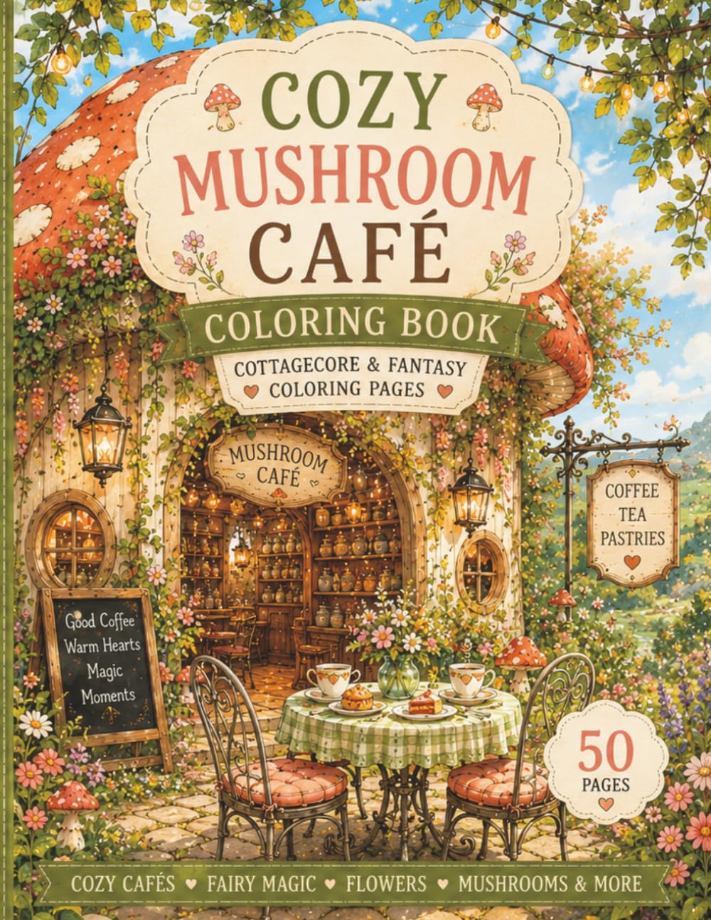 Cozy Mushroom Café Coloring Book for Adults – 50 Relaxing Cottagecore & Fantasy Coloring Pages with Mushroom Houses, Fairy Cafés, Flowers and Cozy Summer Scenes (Cozy Mushroom Cottage Collection)