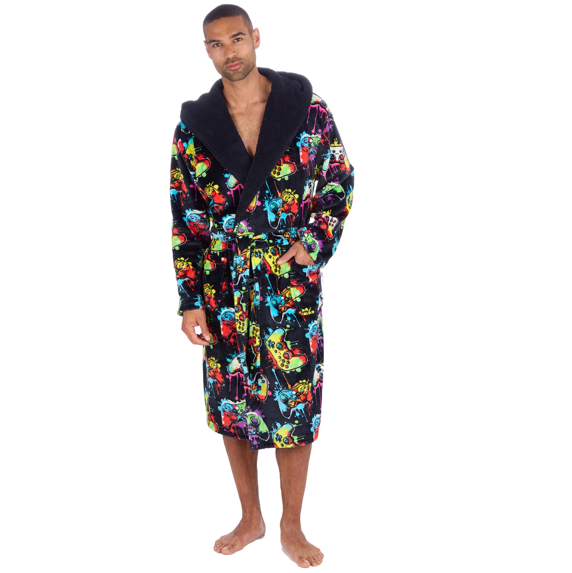 Metzuyan Men's Navy Hooded Gamer Dressing Gown Plush Fleece Robe Large