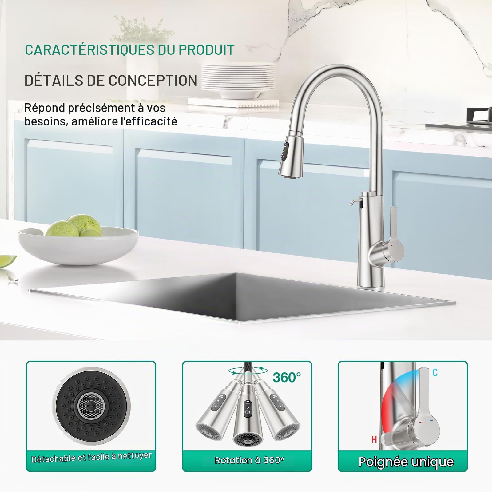 CREA Robinet de Cuisine Distributeur de Savon Encastrable,Mitigeur Cuisine avec Douchette Extensible, Robinet Evier de Cuisine avec 3 Douchette Modes, Pivotant à 360°,Brossé