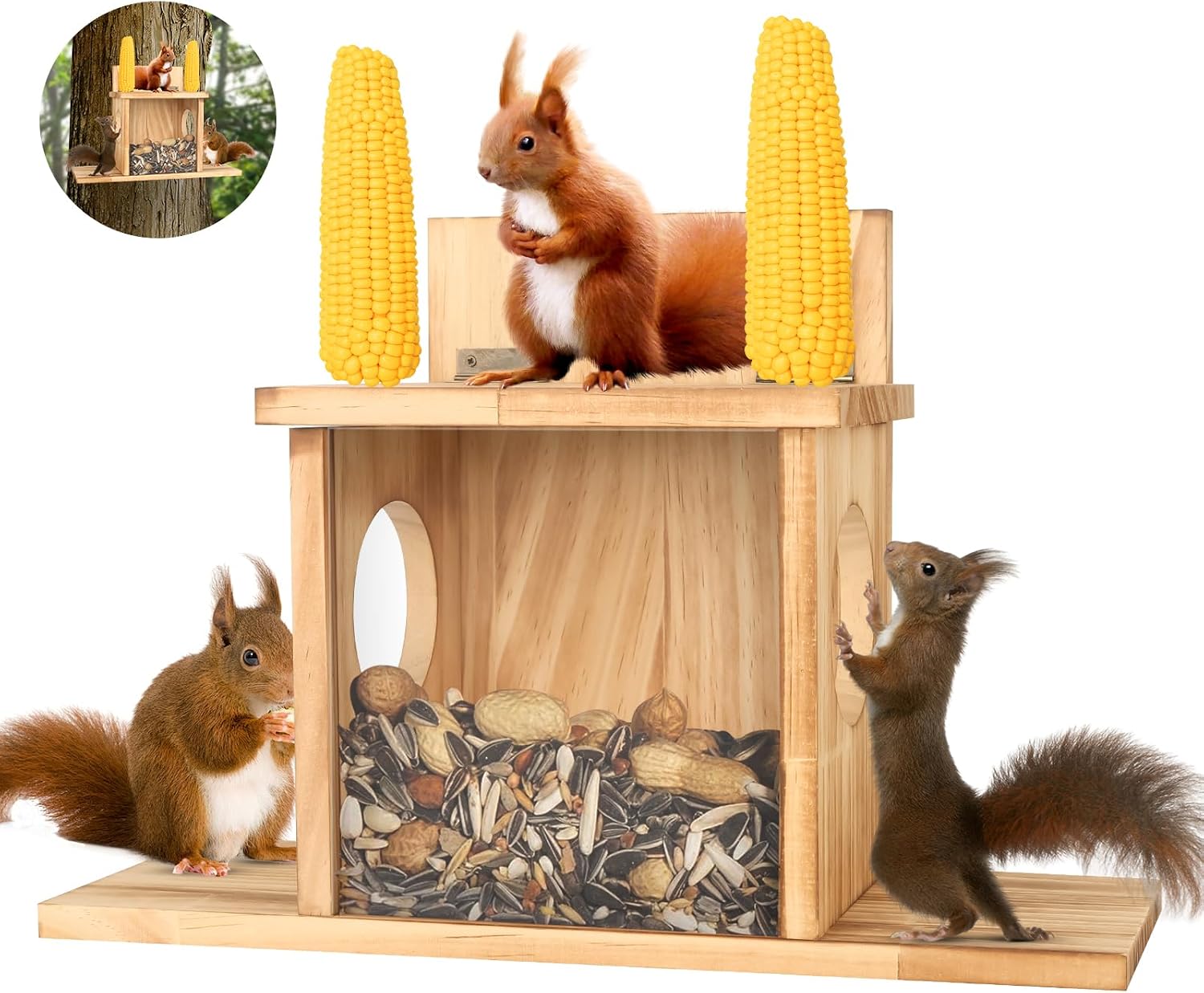 Wood Squirrel Feeder, Squirrel Feeders for Outside Winter, Wooden Chipmunk Feeder Waterproof for Corn, Peanuts, Durable Box Easy to Fill with Removable Front Panel