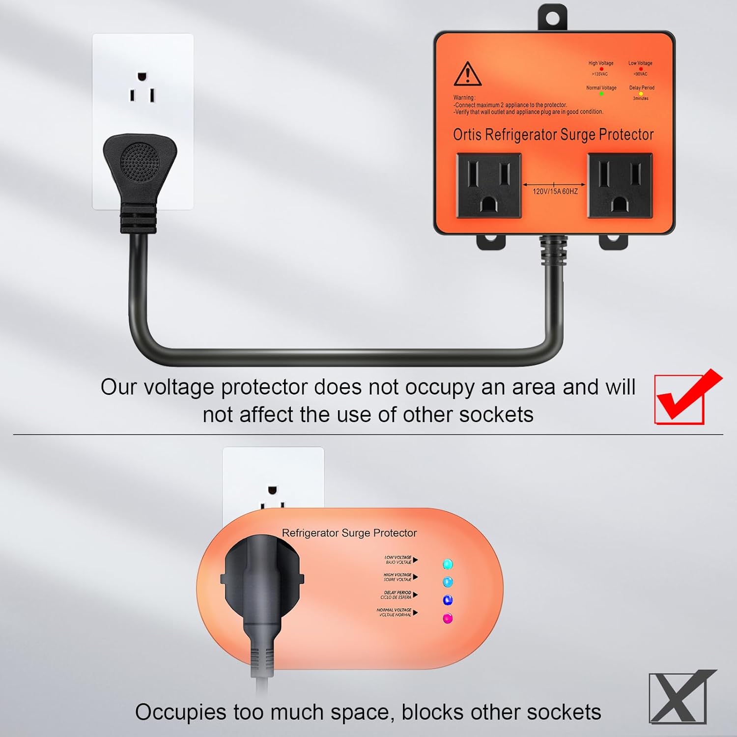 Refrigerator Surge Protector, Ortis Double Outlet Voltage Protector for Home Appliances with Time Delay, Protects Against Brownout, Spike, Instant Surge All Voltage Abnormalities, Orange - Image 5