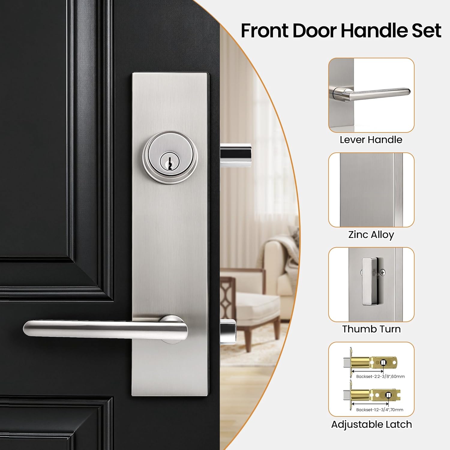 Front Door Handle and Deadbolt Set, Brushed Nickel Entry Door Lock Set with Left or Right Knob Handle, Heavy-Duty Zinc Alloy Exterior Door Lock Set