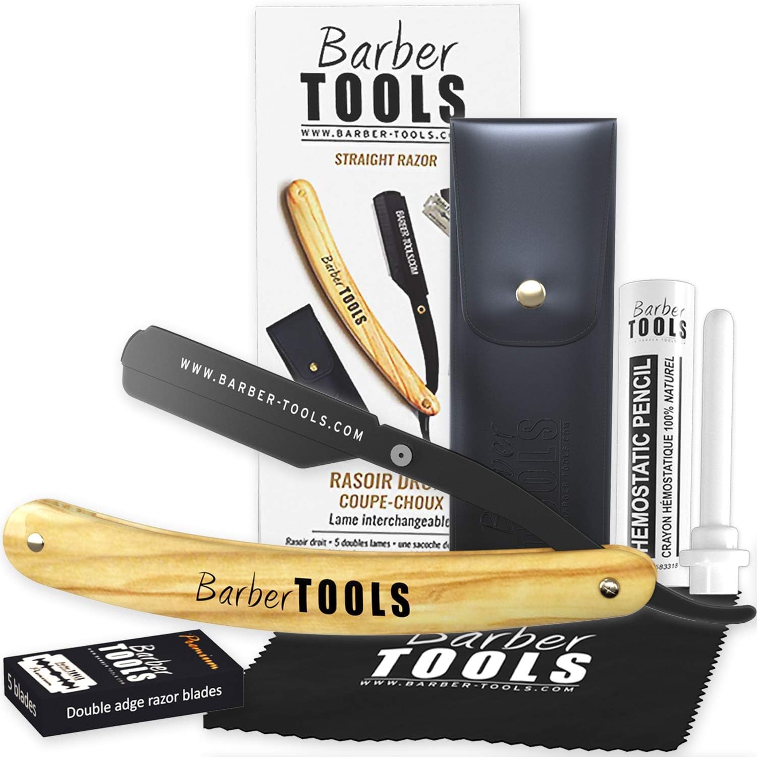 Kit de Rasage Homme Complet – Rasoir de Barbier Coupe-Choux à Lame Interchangeable avec Lames, Gel de Rasage Transparent, Stick d’Alun, Chiffon & Étui de Rangement BARBER TOOLS