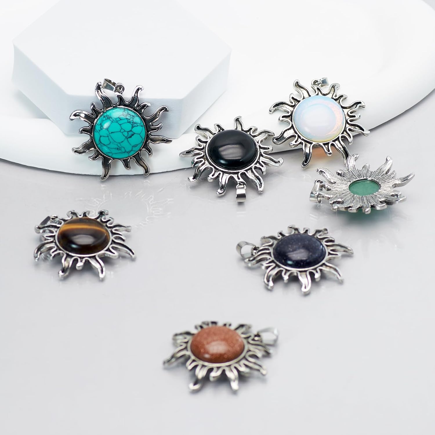 6 Pieces Natural Gemstone Sun Pendant Reiki Energy Healing Crystal for Jewelry Making Necklace Earrings - Image 5
