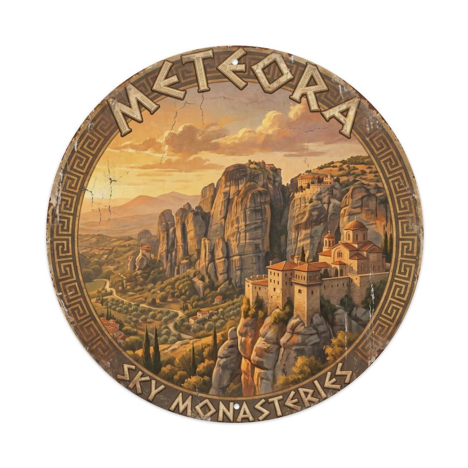 Vintage Travel Meteora Greece Cliffs Metal Tin Sign Plaque Wall Decor for Cafe, Club Bar, Office, Home Garden Round Metal Poster 8x8Inch