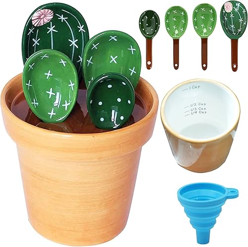 Juego de cucharas medidoras de cactus en maceta, tazas y cucharas medidoras únicas para café, sal y azúcar, regalos lindos para hornear, aptas para
