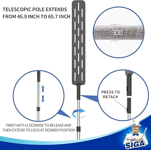 Miniatura 4 de MR.SIGA Plumero largo de microfibra flexible para limpieza de huecos, mango ajustable de acero inoxidable, lavable de limpieza de huecos, color gris
