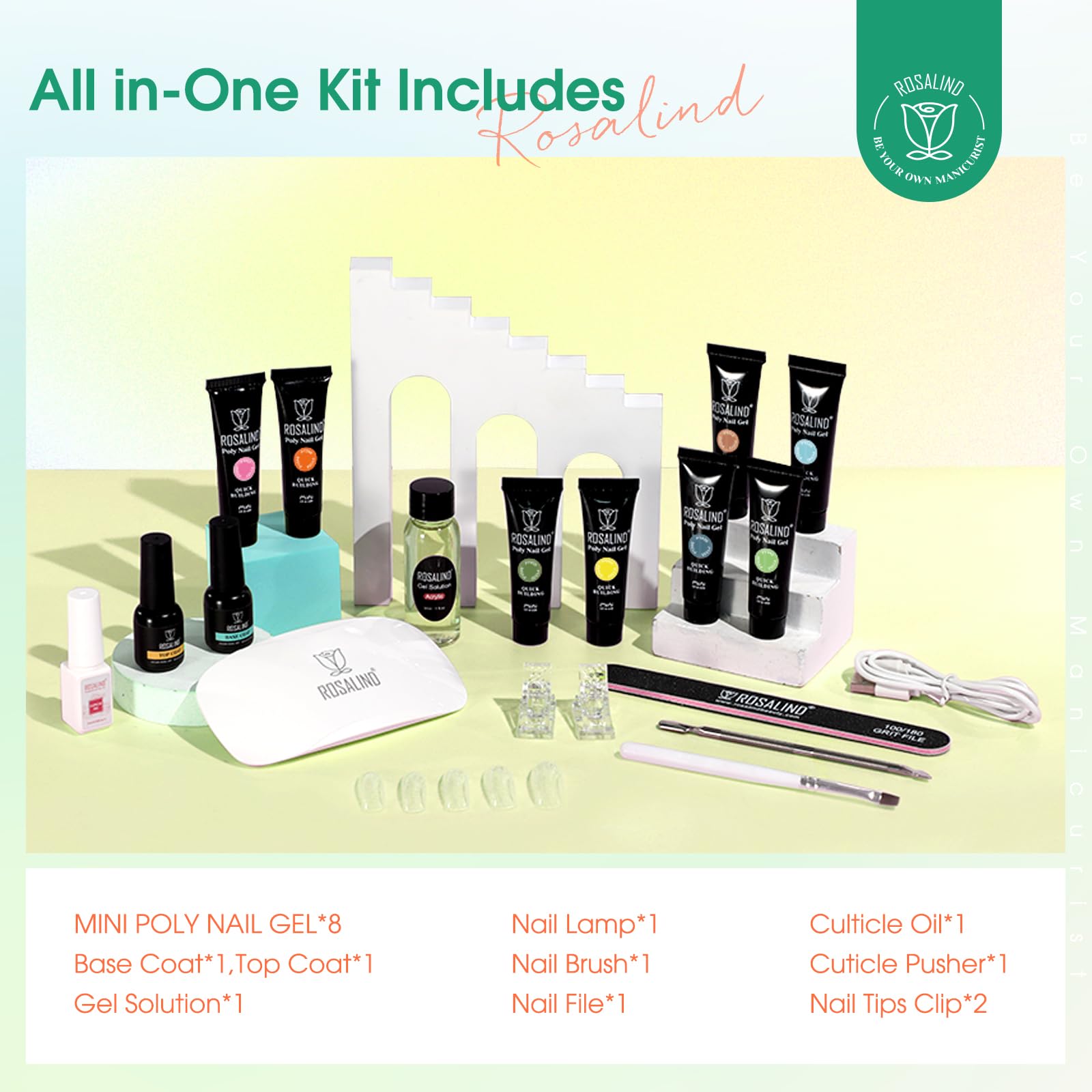 ROSALIND Kit UV Acrygel pour Ongle Complet, Poly Extension d'ongles en Gel 8 Couleurs 10 ml Avec Lampe UV, Base & Top Coat et Outils de Manucure, DIY Nail Art Ongles Gel Complet Kit pour Débutant