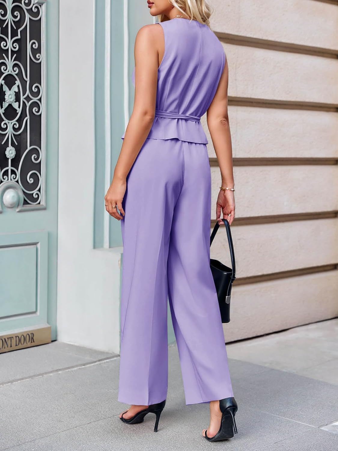 Cicy Bell Womens 2 Piece Outfits V Neck Tie Waist Blazer Vest and Wide Leg Business Casual Suit Pants Sets