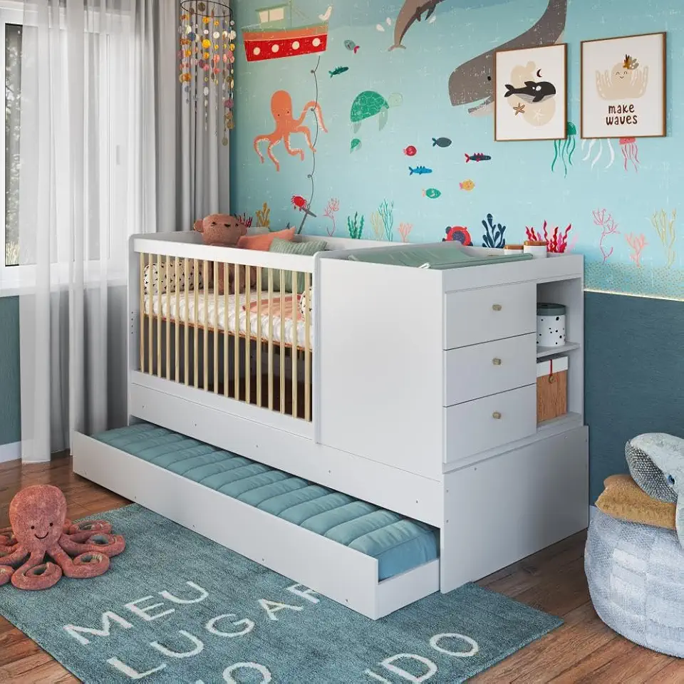 Berço Cama Multifuncional Com Auxiliar 3 Em 1 84cm x 194cm Branco Posie Completa Móveis