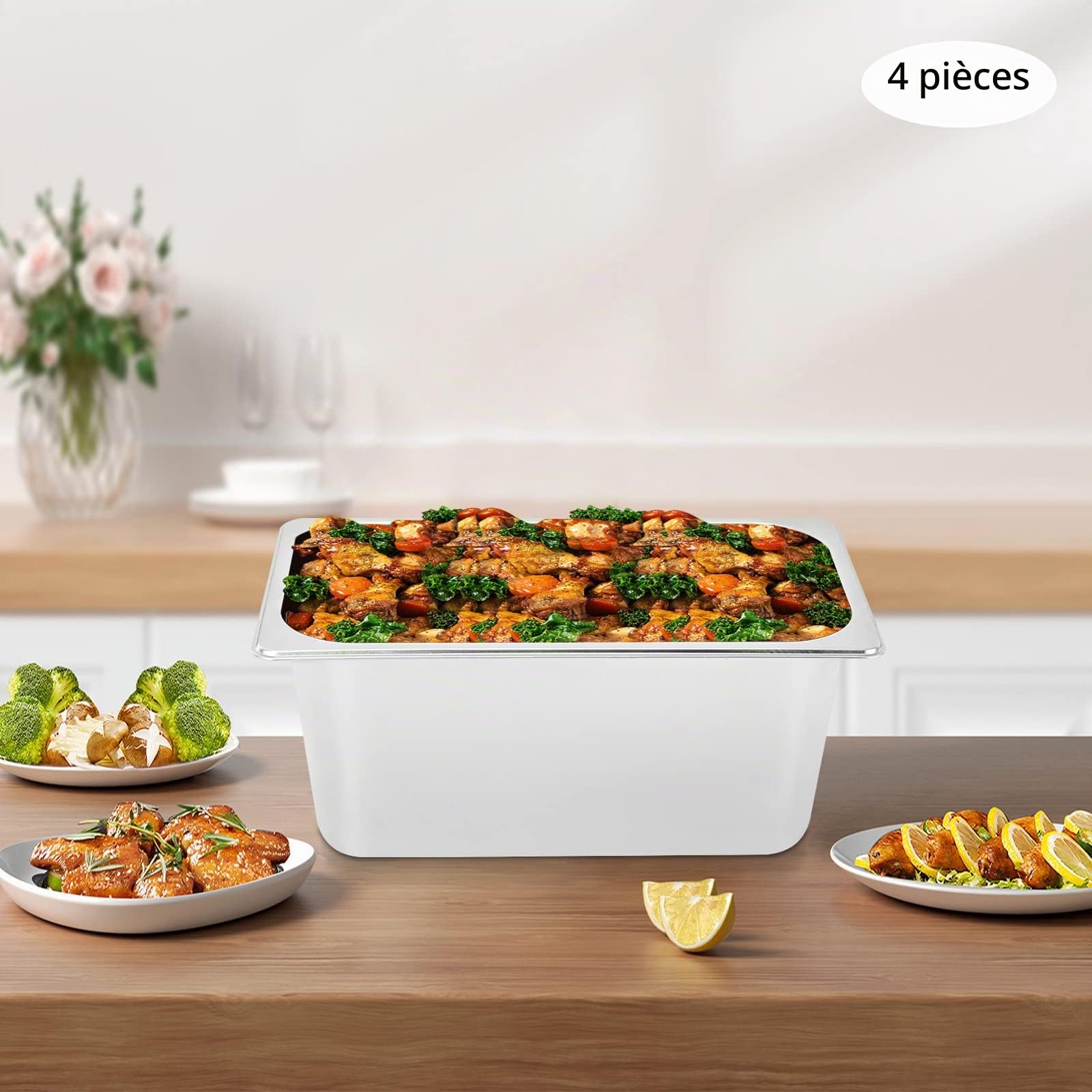 Lot de 4 Bac Alimentaire GN 1/3 en Inox 5 L, 32,5 × 17,5 × 15 cm, Plat Gastronome Profond avec Couvercle, pour Buffet, Restaurant, Cantine