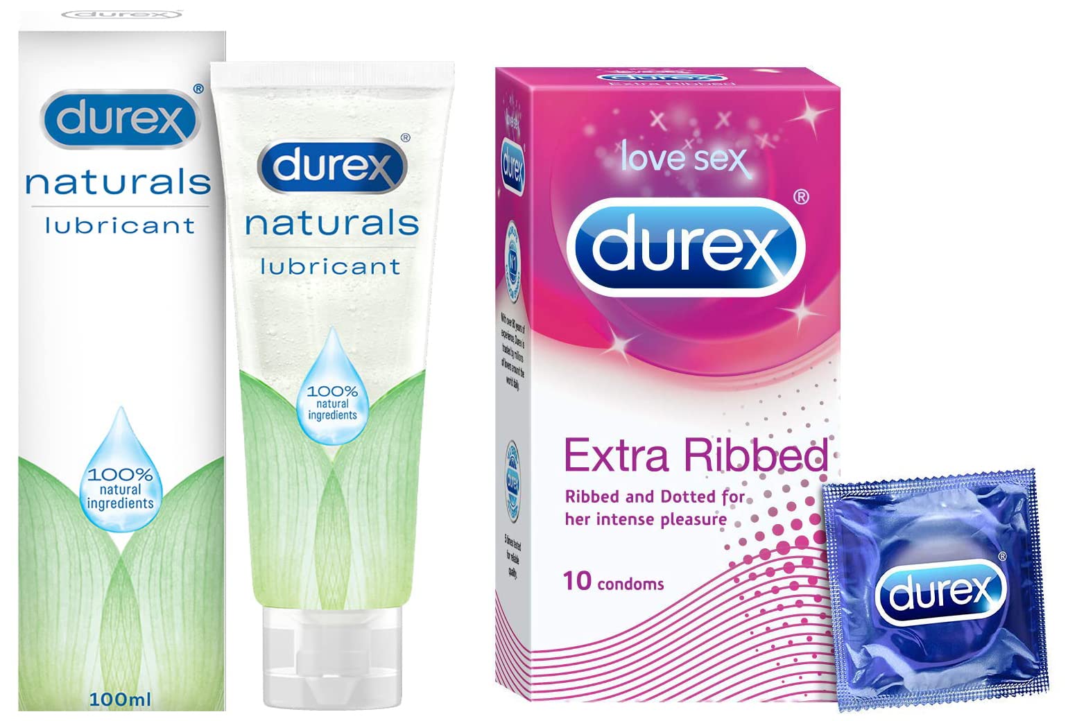 Durex Lube Naturals Intimate Lubricant Gel - 100 ml Compatible with condoms & toys, 100 ml (Pack of 1) & Extra Ribbed Condoms for Men - 10 Count-picture-32