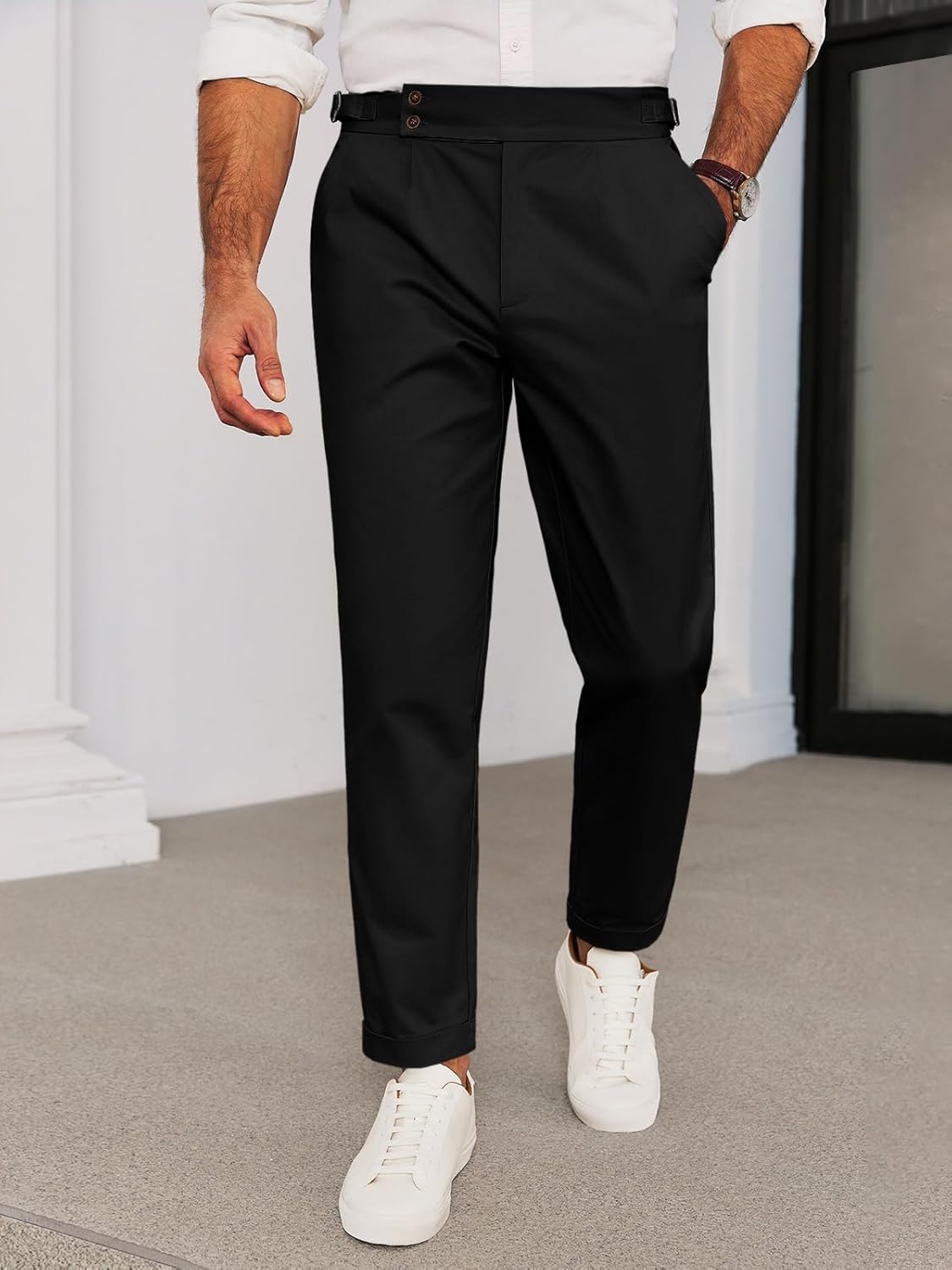 Runcati Mens Chinos Cotton Pants Slim Fit Pleated Front Dress Pants Casual Stretchy Tapered Trousers - Image 2