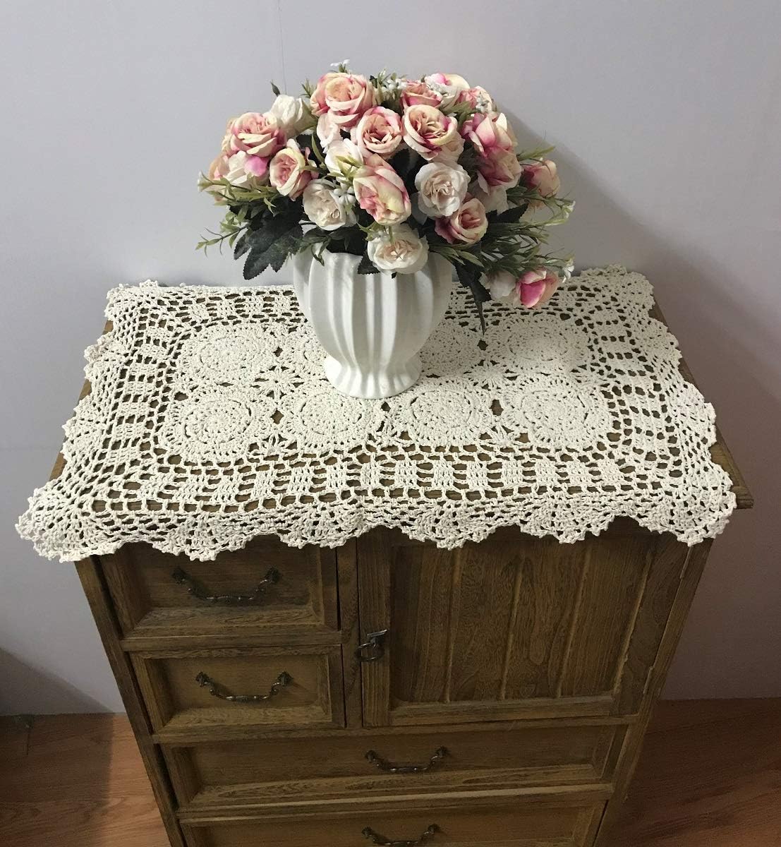 Damanni 2PC Rectangular Cotton Handmade Crochet Lace Table Runner Doilies Table Dresser Scarf Décor,16 Inch by 24 Inch，Beige